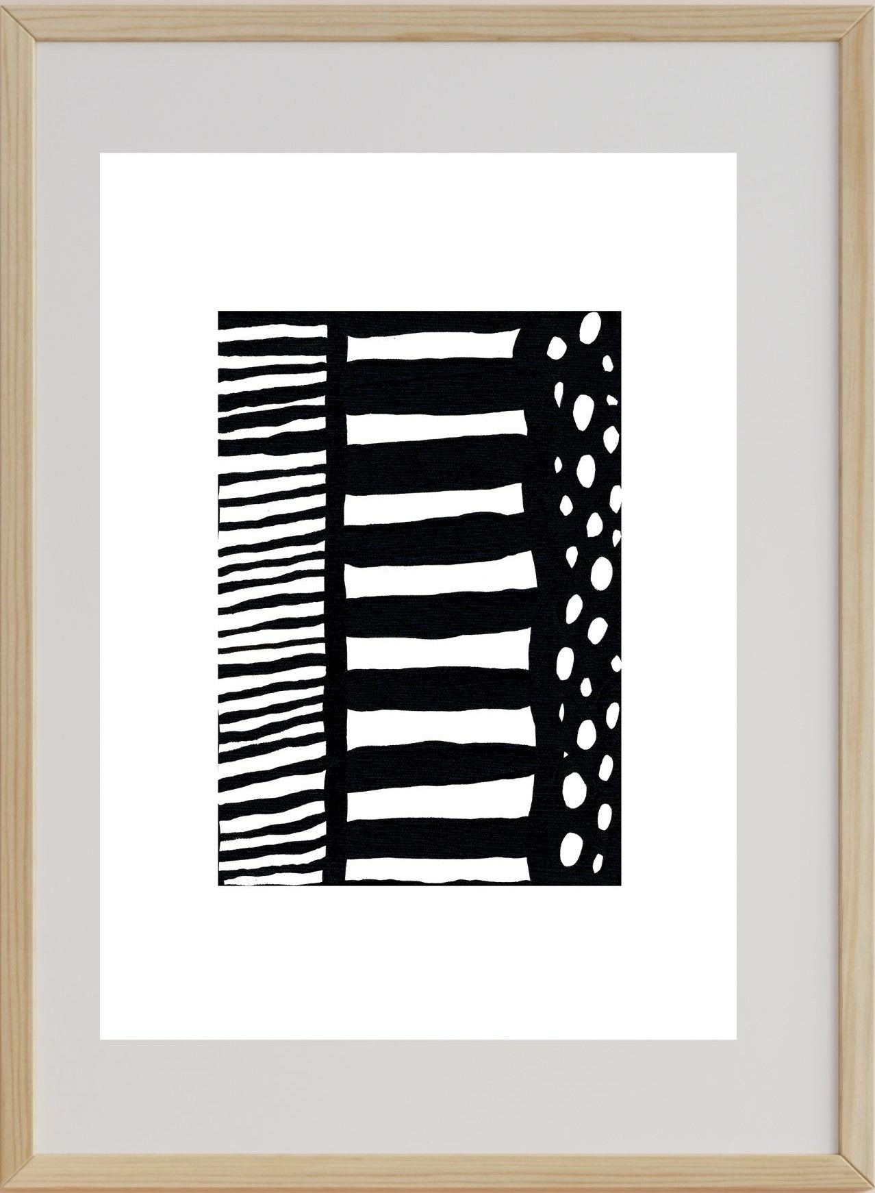 A framed black and white abstract acrylic painting on canvas with horizontal lines and geometric patterns
