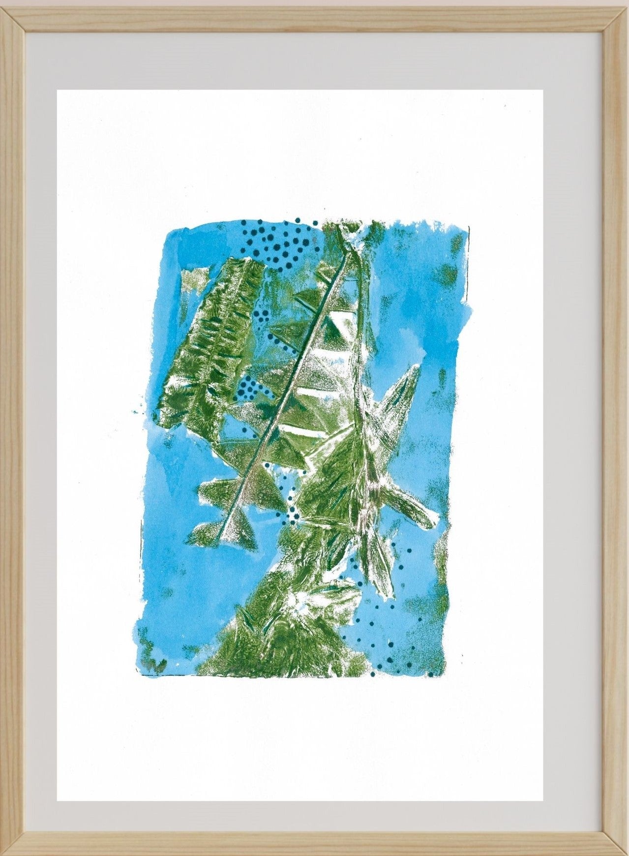 Art print of Banksia leaves with blue sky background, created using monoprinting technique with gel plate and acrylic paint.