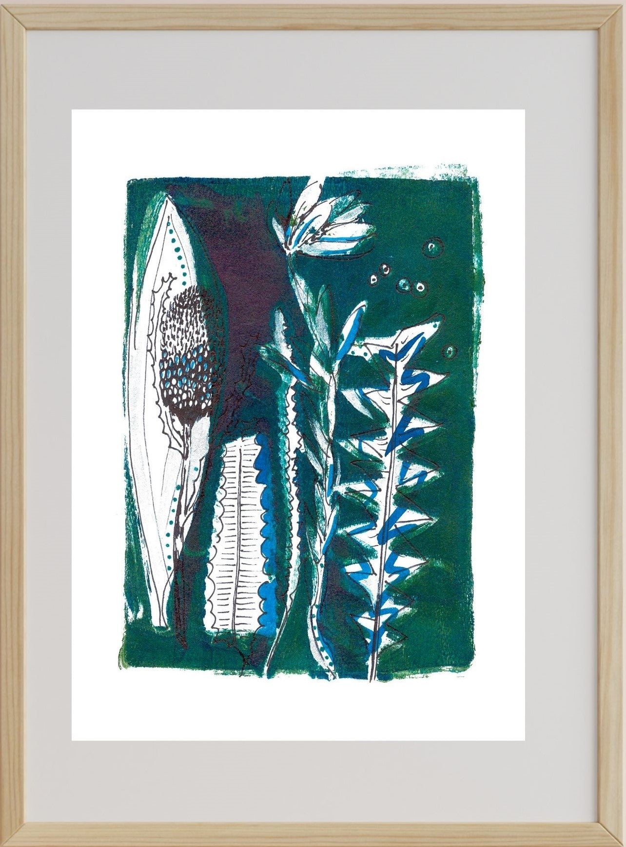 An acrylic monoprint featuring an abstract representation of native leaves and flowers with a predominantly green color palette, signed and dated 2024.