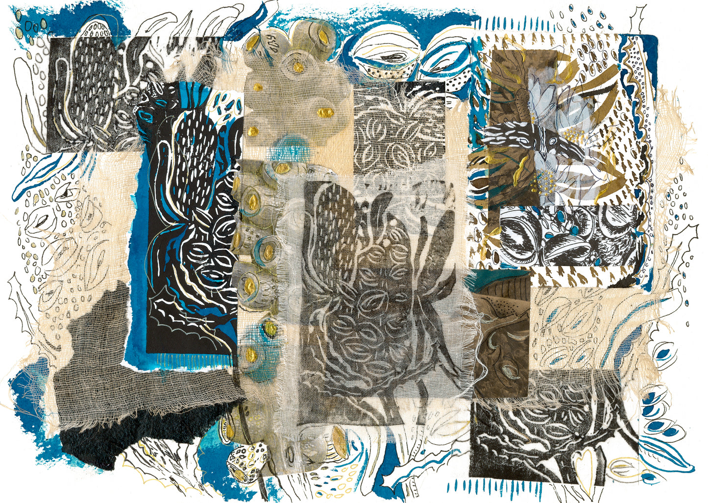 A mixed media artwork on paper titled 'Banksias on Blue', featuring various patterns and textures including a depiction of banksia flowers.