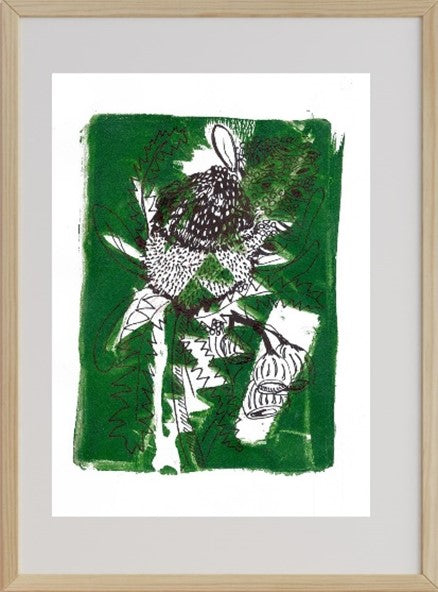 An acrylic monoprint on paper featuring a white Protea with leaves against a green background, with elements drawn back in pen.