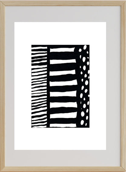 A framed black and white abstract acrylic painting on canvas with horizontal lines and geometric patterns