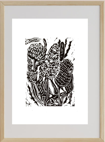 A black and white lino print artwork of Banksia Pods and the Native Australian Waratah.