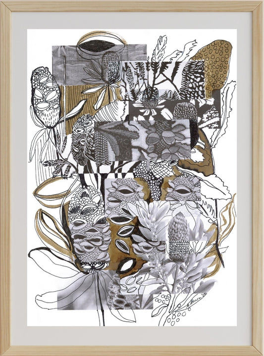 A framed mixed media artwork featuring brushed ink, collage, and ink pen studies of banksia flowers and leaves with a predominantly black, white, and gray color palette.