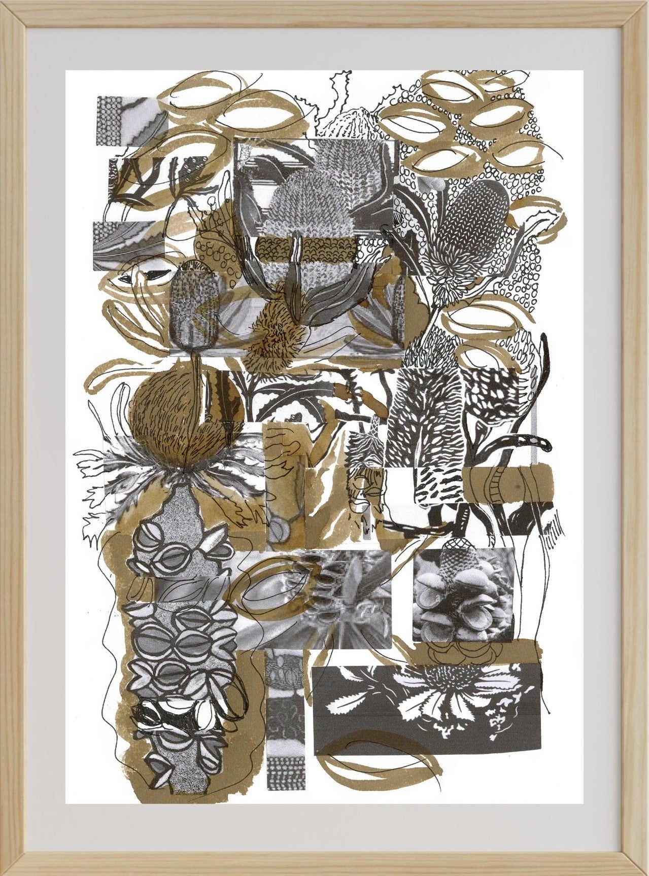 A framed mixed media artwork on paper titled 'Banksia Celebration #2', featuring various botanical elements such as leaves and seeds, predominantly in black, white, and gold colors.