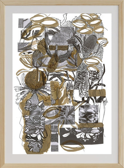 A framed mixed media artwork on paper titled 'Banksia Celebration #2', featuring various botanical elements such as leaves and seeds, predominantly in black, white, and gold colors.