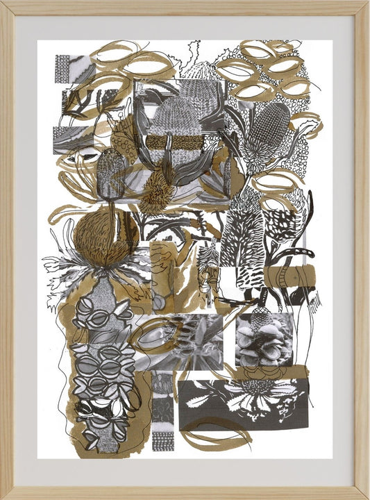 A framed mixed media artwork on paper titled 'Banksia Celebration #2', featuring various botanical elements such as leaves and seeds, predominantly in black, white, and gold colors.