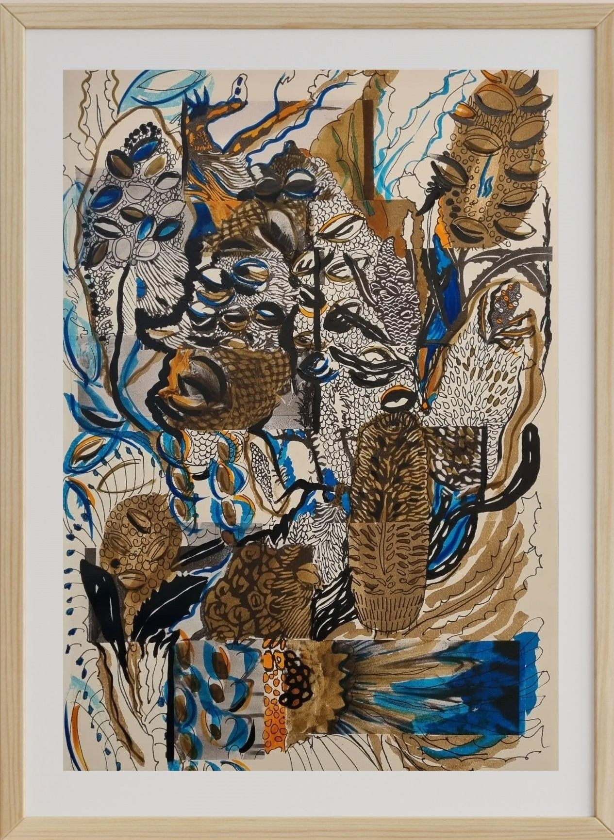 A framed mixed media artwork on paper titled 'Banksia Celebration #3', featuring brushed ink, acrylic paint, collage, and ink pen techniques with a nature-based subject.