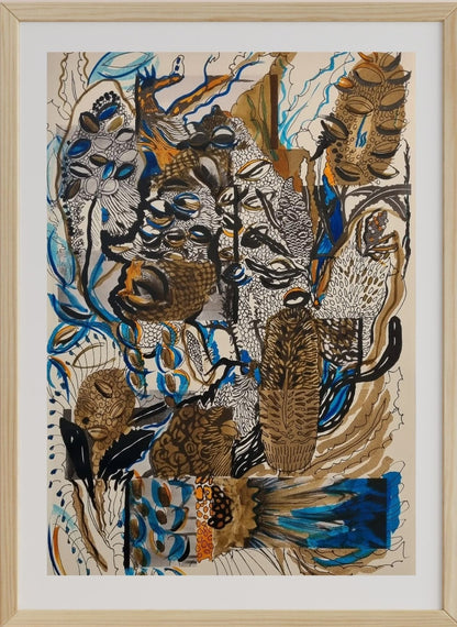 A framed mixed media artwork on paper titled 'Banksia Celebration #3', featuring brushed ink, acrylic paint, collage, and ink pen techniques with a nature-based subject.