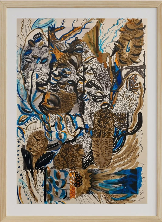 A framed mixed media artwork on paper titled 'Banksia Celebration #3', featuring brushed ink, acrylic paint, collage, and ink pen techniques with a nature-based subject.