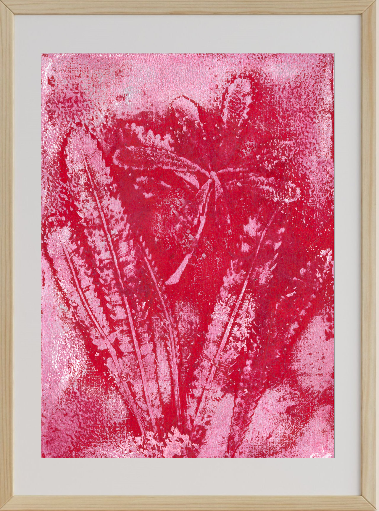 A framed artwork print of silver and red banksia leaves.