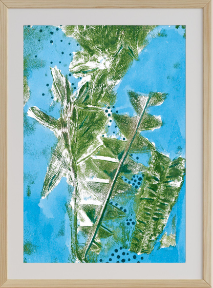 Art print of Banksia leaves with blue sky background, created using monoprinting technique with gel plate and acrylic paint.