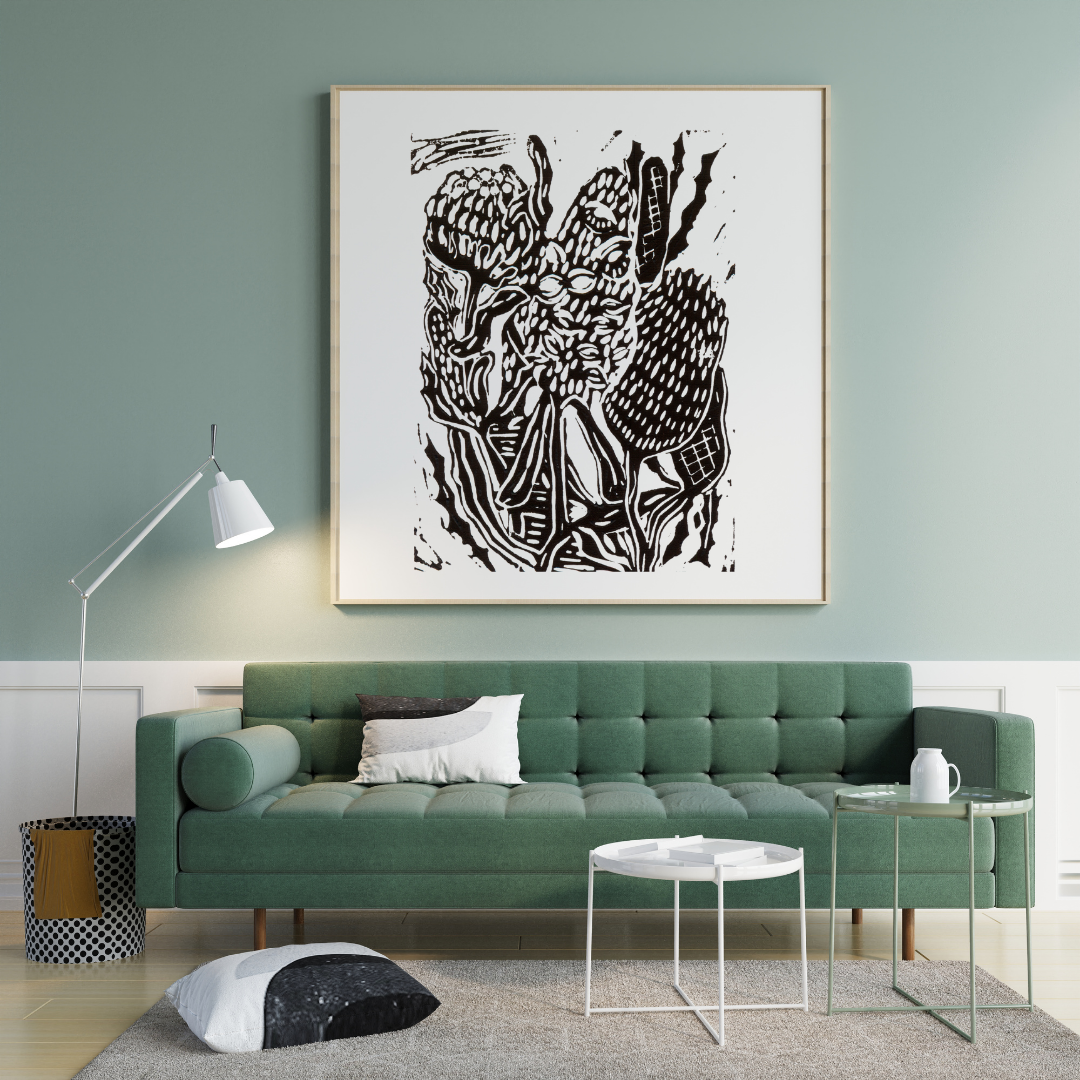 Modern living room with a green sofa, abstract artwork on the wall, and a lamp.