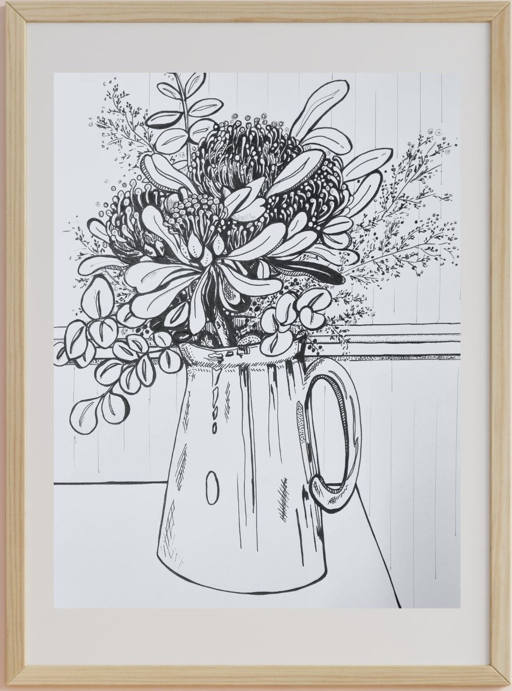 A drawing of a bouquet of flowers in a vase, with a ink pen on paper, signed by the artist Ali Atkinson, dated 2025.