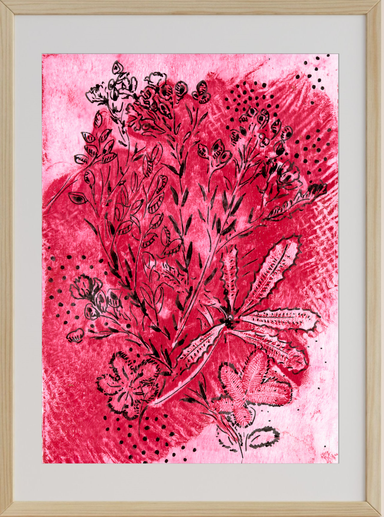 Framed artwork with pink and black floral design