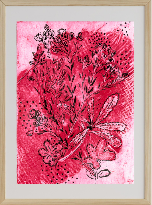 Framed artwork with pink and black floral design