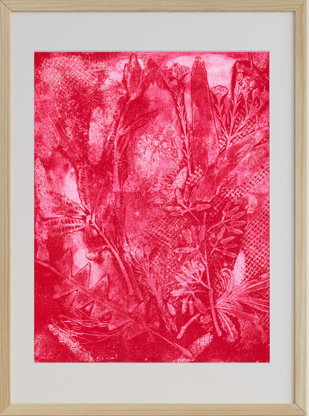 Framed artwork with a red abstract design on a white background
