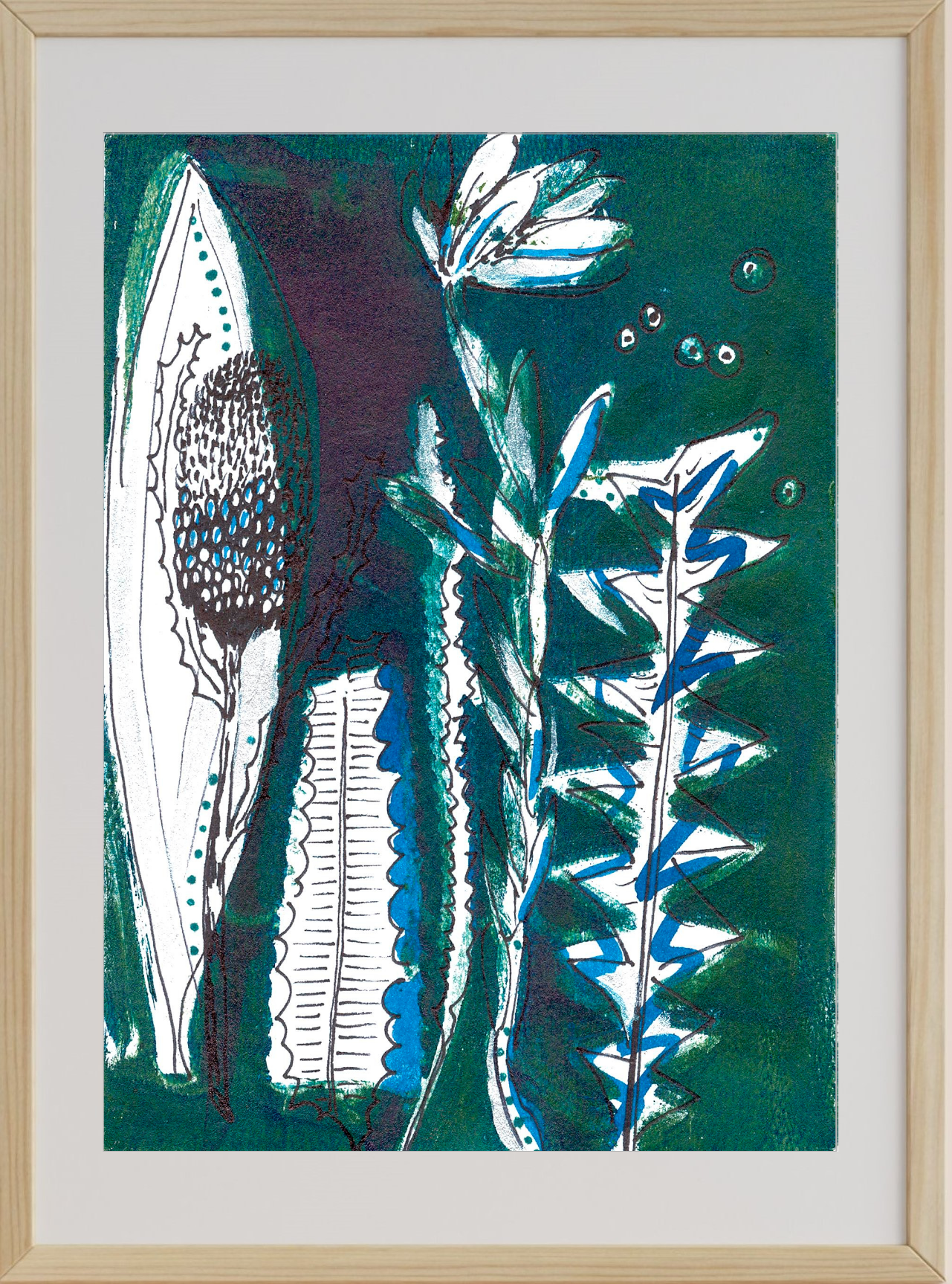 Framed artwork with abstract design featuring white and blue elements on a green background