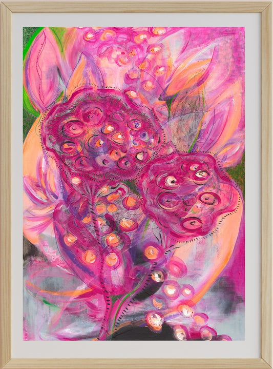 A vibrant piece of artwork featuring abstract representations of lotus flowers in pink and purple hues with textured details, set against a framed paper background.