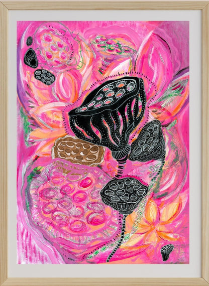 A vibrant piece of mixed media art featuring lotus flowers and pods with a bold color palette, predominantly pink and black, with elements created using acrylic paint, posca pen, and pastels on paper, incorporating recycled textiles and papers.