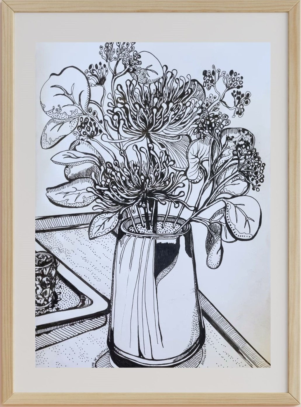 A framed ink pen drawing of a vase with flowers on paper, titled 'Flowers at Buderim'.