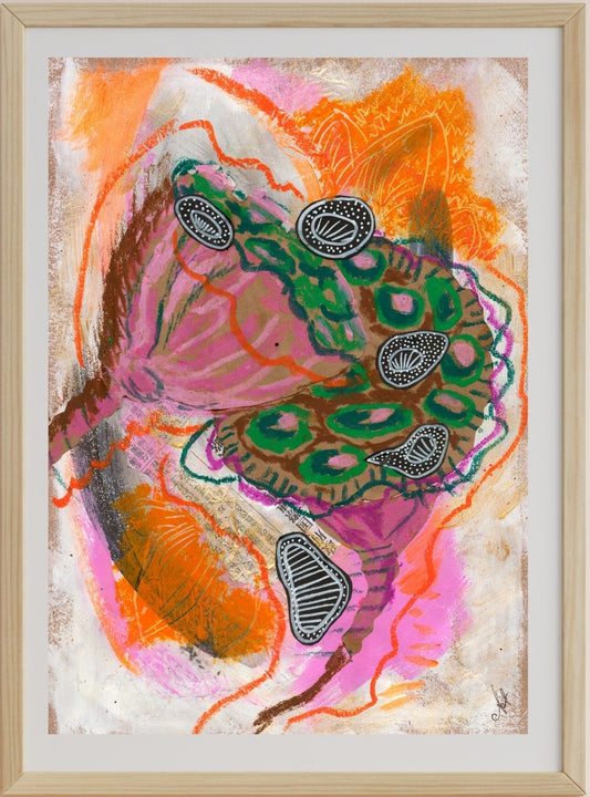 A framed mixed media artwork featuring vibrant colors and abstract patterns, predominantly in orange and pink tones with black markings.