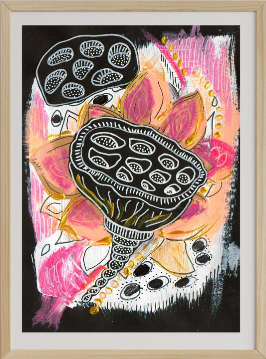 A mixed media artwork on paper featuring abstract and lotus pod designs with a bold color palette, primarily in pink, black, and white, with elements of Posca pen work and collage.