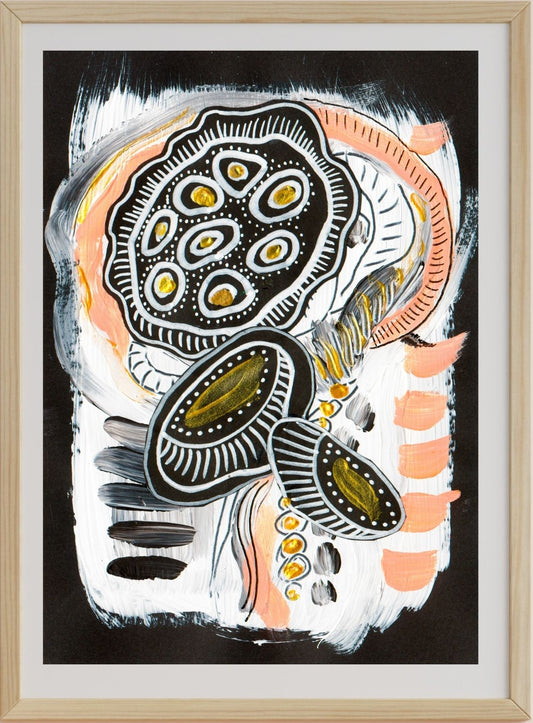 A framed mixed media artwork titled 'Lotus Rising #2', featuring a depiction of lotus flowers and pods with a bold color palette, predominantly black, white, and yellow, with elements of texture and geometric shapes.