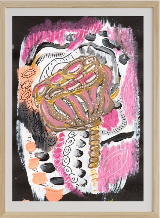 A framed mixed media artwork titled 'Lotus Rising #3', featuring a bold and colorful depiction of lotus flowers and pods on brown kraft paper with acrylic paint, posca pen, collage, and pastels.