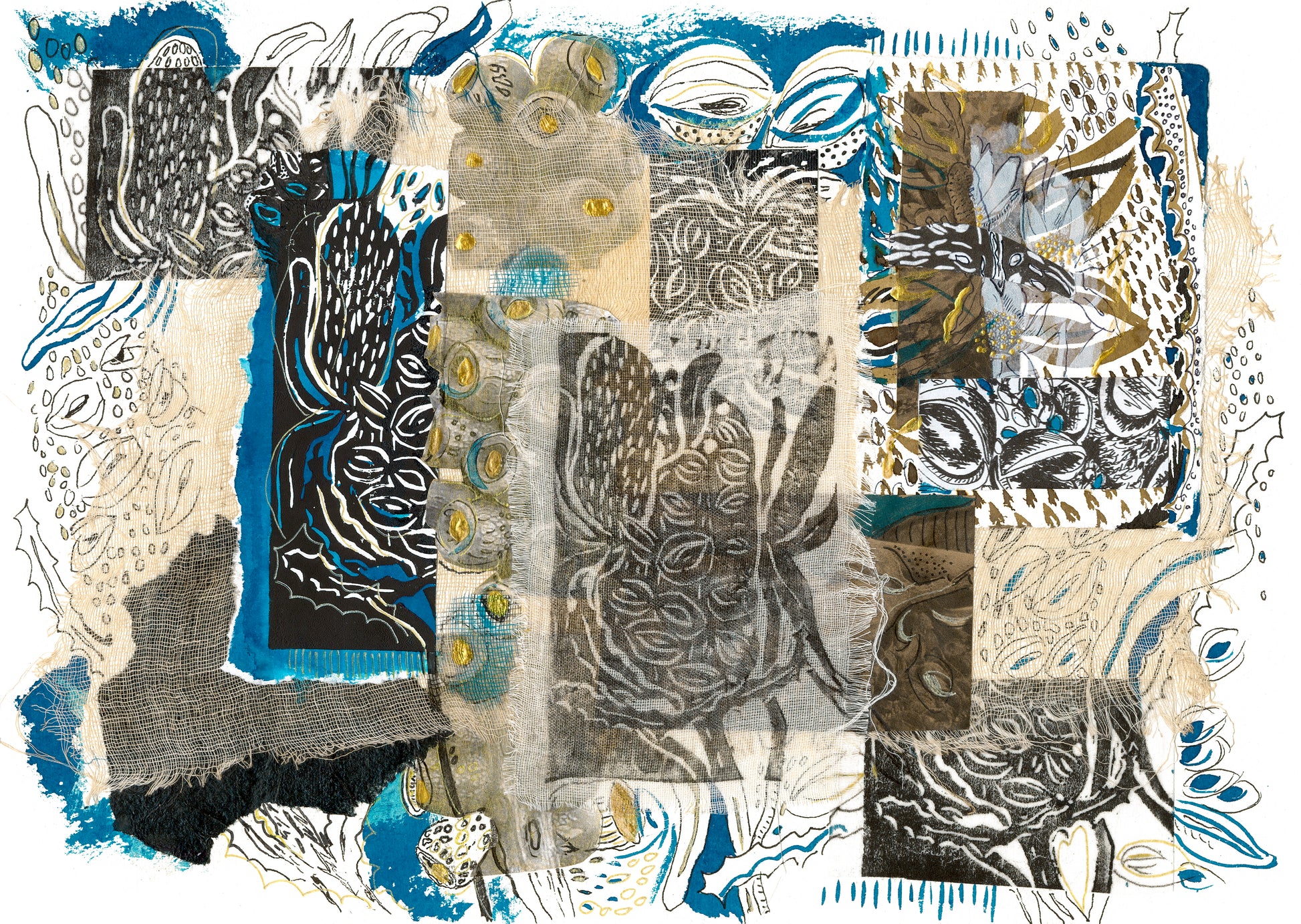 A mixed media artwork on paper titled 'Banksias on Blue', featuring various patterns and textures including a depiction of banksia flowers.