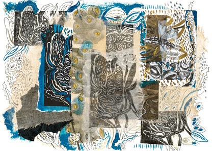 A mixed media artwork on paper titled 'Banksias on Blue', featuring various patterns and textures including a depiction of banksia flowers.