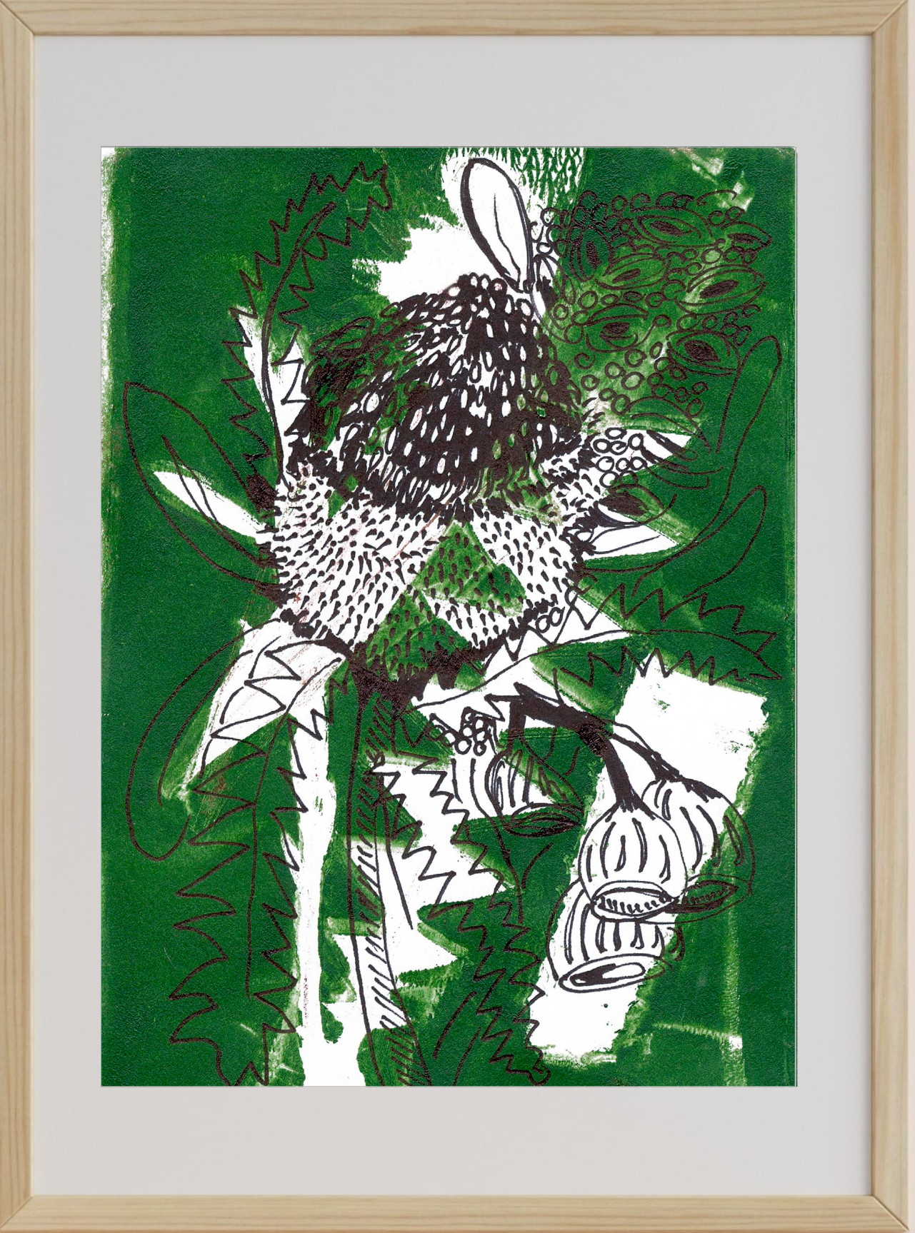 Framed artwork of a stylized bird with leaves on a green background