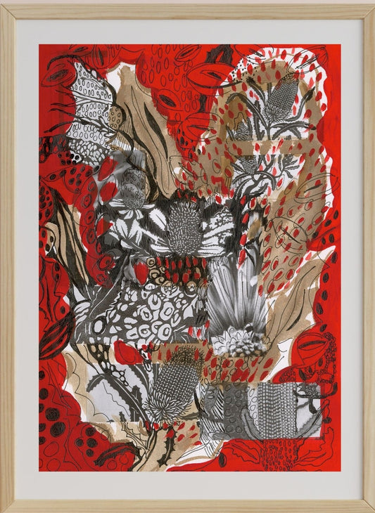 A mixed media botanical artwork with rich red, brown, and black colors, featuring detailed depictions of banksia flowers, leaves, and seed pods, creating a dramatic visual effect.