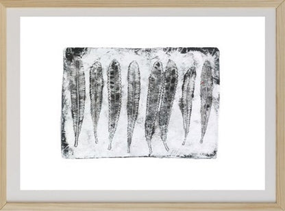 A framed monoprint artwork featuring blackened, ashened plant remains on a white background, with a black border.